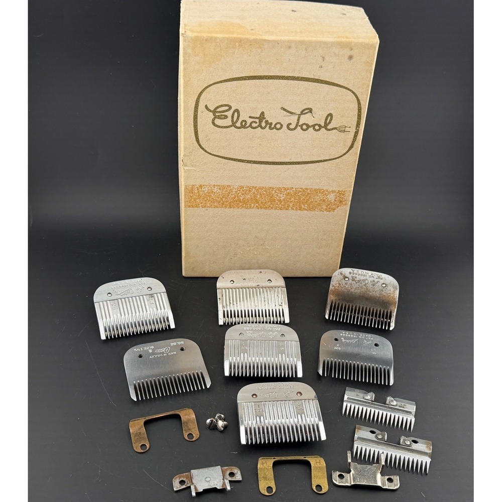 Vintage Oster Clipper Blade Lot of 7 with Vintage T-Edjer Box & Parts - As Is